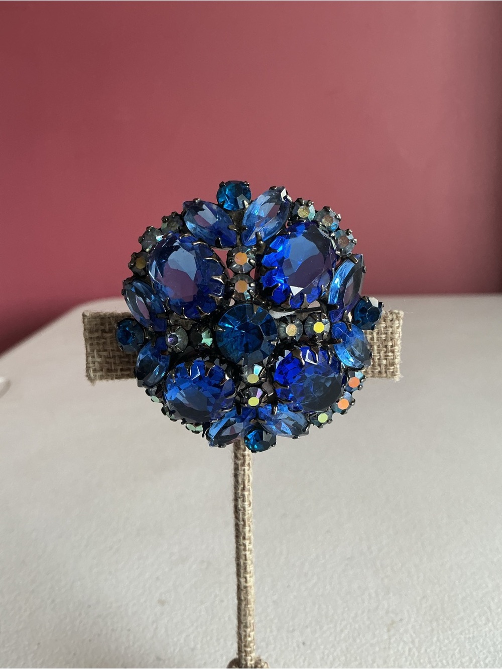 Vintage Juliana D&E Blue Rhinestone Brooch Domed Cluster AB Accent Open Back - Picture 2 of 5